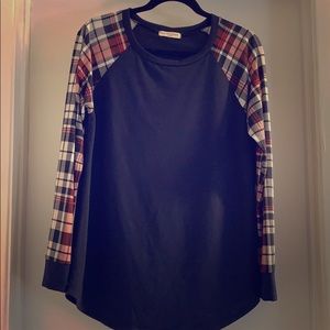 Plaid contrast knit top. Made in USA